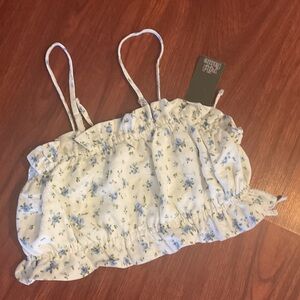 BNWT Wild Fable Cream Floral Top with Blue Accents double tie back- adj straps